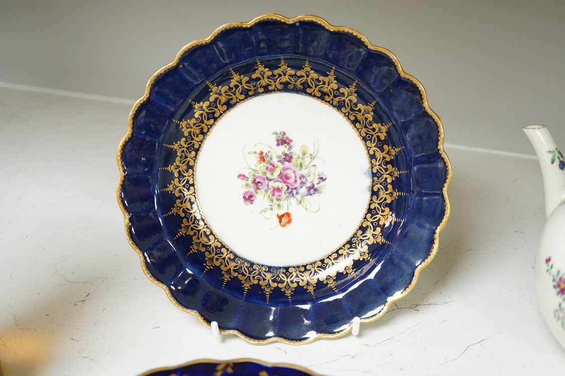 18th century tableware to include Chamberlains Worcester dish and blue and white Worcester teacups, largest 14cm high